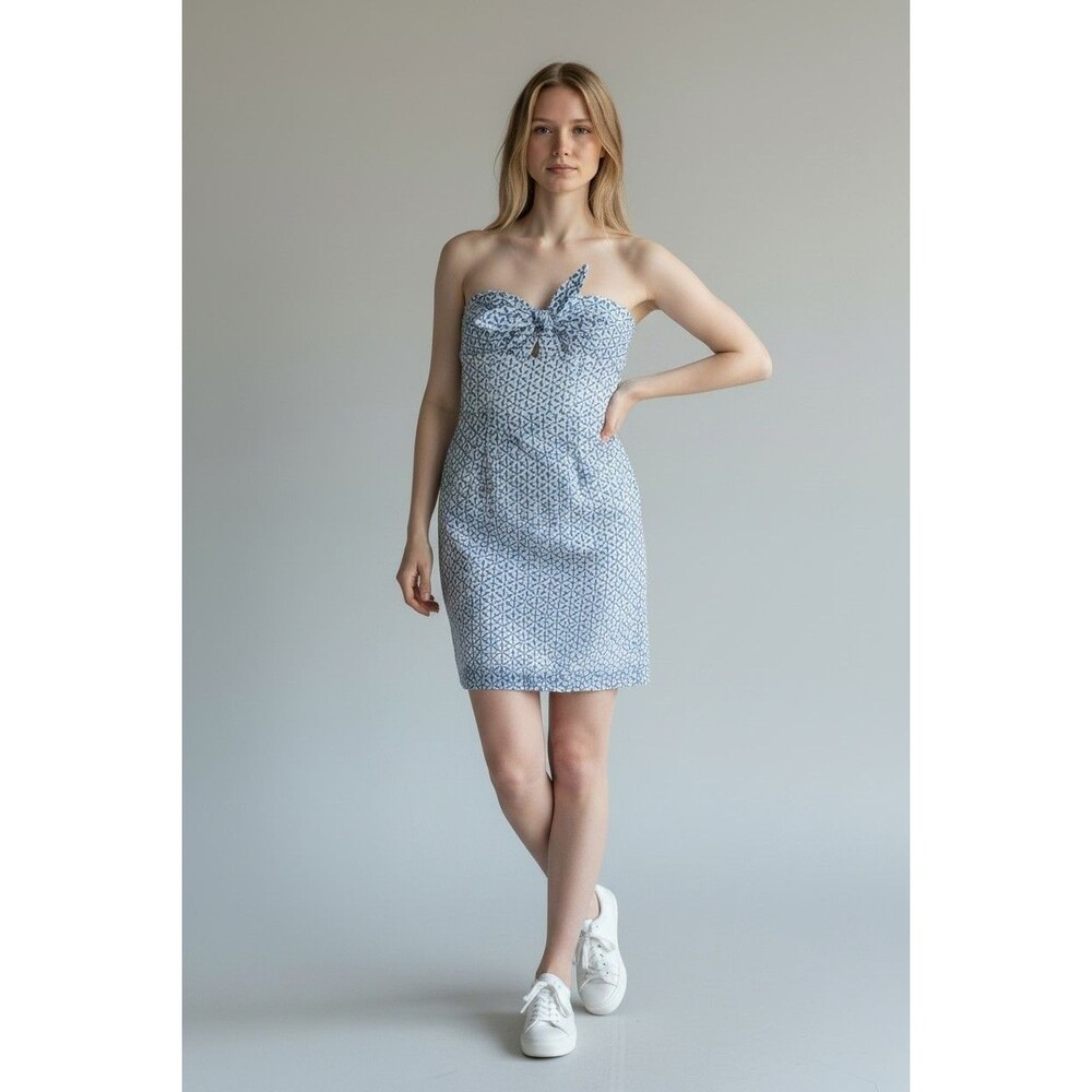 Shoshanna Sz 10 Blue White Strapless Mini Dress Chest Bow Eyelet Feminine Sexy